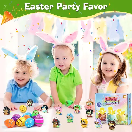 Vista 5 de Mini bloques de construcción de animales, paquete de 12 unidades, recuerdos de fiesta para construcción de niños, huevos de Pascua precargados