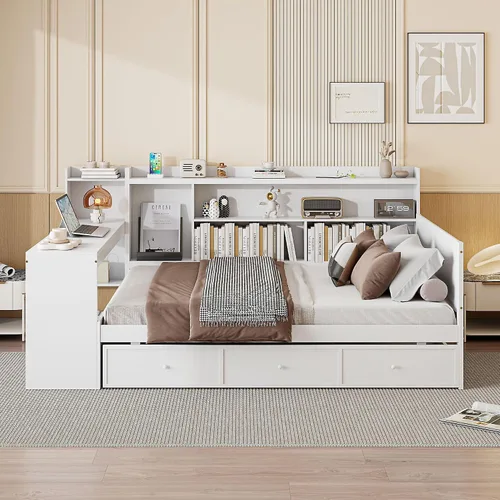 Vista 53 de VilroCaz Cama de sofá de tamaño individual de madera con estantes de almacenamiento y escritorio de estudio, estructura de cama de día Blanco