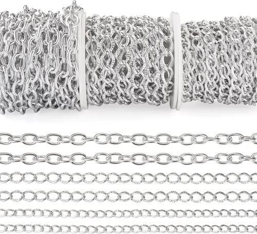 Vista 15 de FASHEWELRY Cadena de eslabones de aluminio de 16.4 pies sin soldar, rollo de cadenas de eslabones dorados con carrete para hacer collares, joyas
