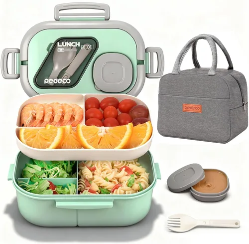 Vista 9 de PEDECO - Caja Bento azul con bolsa, apilable de 2 niveles con utensilios y caja de salsa 3 compartments prevent food mixing,Portable sauce pod