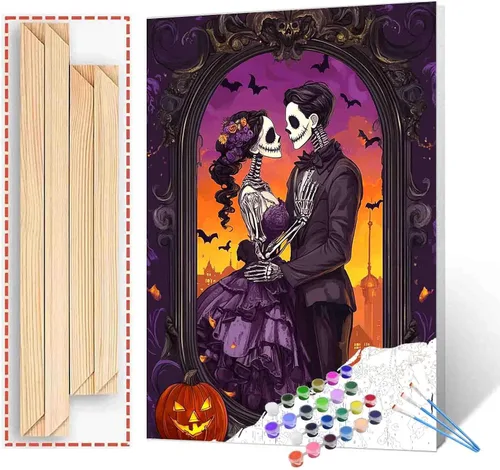 Vista 35 de Tucocoo Decoración del Día de los Muertos, pintura por números, esqueleto para parejas, pintura por números sobre lienzo con pinceles y pigmento