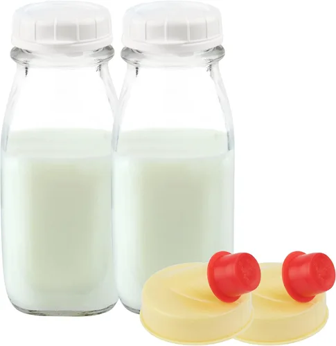 Vista 10 de kitchentoolz Botella de crema de vidrio de 12 onzas, botella de leche de vidrio cuadrada con tapas, botellas de vidrio con tapas, recipiente