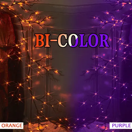 Vista 7 de Fudios Guirnalda de Halloween iluminada con 120 luces LED naranjas y moradas para manto, guirnalda negra de Halloween con luces, 8 funciones