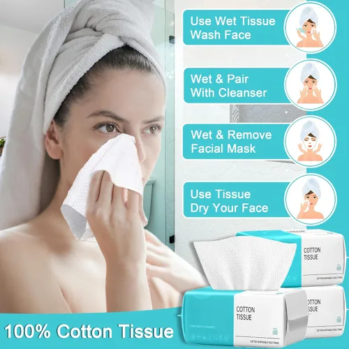Vista 3 de Toalla facial desechable, toallita seca facial de algodón para piel sensible, pañuelos faciales para el cuidado de la piel, limpieza facial