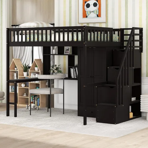 Vista 19 de Quarte Cama tipo loft única con cajones de almacenamiento y escaleras, cama alta de madera tamaño individual con estantes y barandillas, para niños