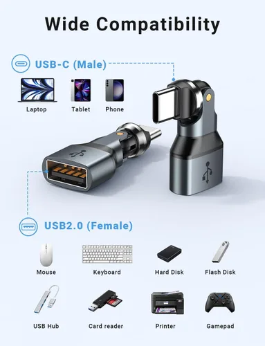 Vista 3 de Adaptador USB C a USB 2.0 de 90 grados (paquete de 2), USB-A 2.0 hembra a USB-C macho adaptador OTG de ángulo recto compatible con MacBook Pro