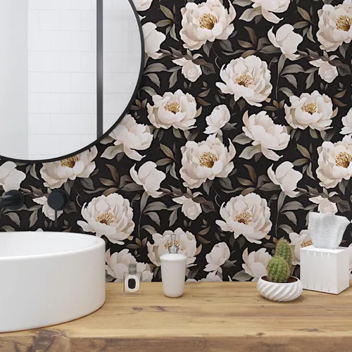 Vista 6 de Papel tapiz floral para despegar y pegar, papel de contacto negro/beige, flores de peonía grandes de 17.5 x 118 pulgadas, papel mural vintage