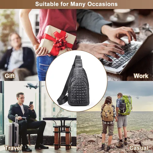 Vista 7 de Bolso bandolera de cuero con patrón de cocodrilo vintage para hombres, mochila de cuero genuino casual Daypack Crossbody bolsas de hombro