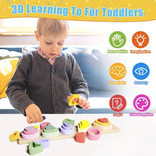 Vista 2 de Symdiro Montessori Juguetes para niños y niñas de 1, 2 y 3 años, juguetes de clasificación y apilamiento de madera para niños, juguetes para niños