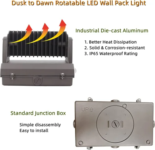 Vista 6 de Paquete de luz LED giratoria de pared con fotocélula del anochecer al amanecer, 80W 11200LM 400-600W HPS/HID Equiv., 5000K luz diurna ETL