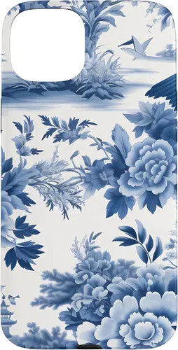 Vista 9 de iPhone 16 White and blue Chinoiserie Botanical Floral Bird Classic Case