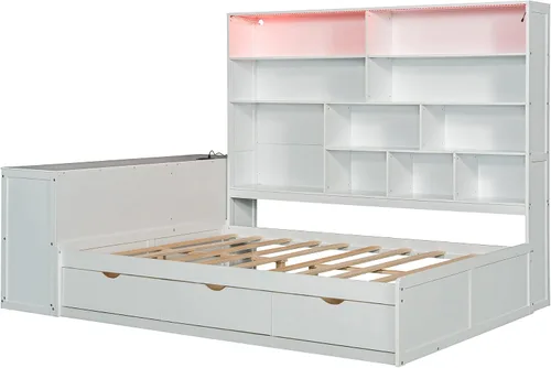 Vista 5 de KLMM Sofá cama de madera de tamaño completo con escritorio, estantes y Blanco/L