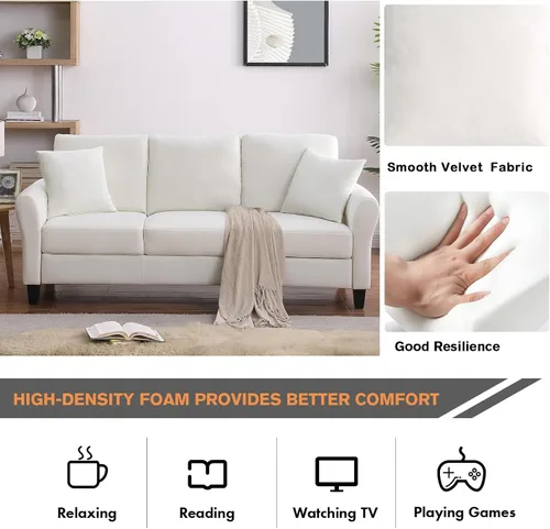 Vista 16 de Sofá tapizado de terciopelo de 3 plazas con 2 almohadas, sofá moderno de 78 pulgadas con patas de madera maciza para sala de estar, apartamento