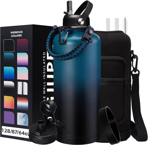 Vista 60 de Botella de agua aislada de 1 galón, con popote y tapa de pico automático, mango de paracord, funda para botella, botella de agua de acero inoxidable