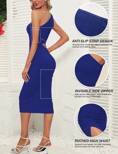 Vista 5 de Sarin Mathews Vestido ajustado fruncido de un hombro para mujer, sexy, sin mangas, con abertura, por debajo de la rodilla, para fiesta, cóctel
