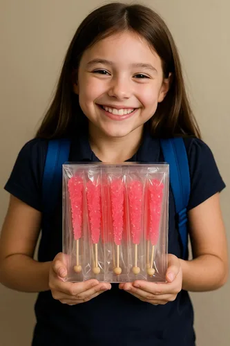 Vista 10 de Palitos clásicos de caramelo de roca, caramelos de roca de azúcar en cristal, envueltos individualmente (Paquete de 12, Niña bebé
