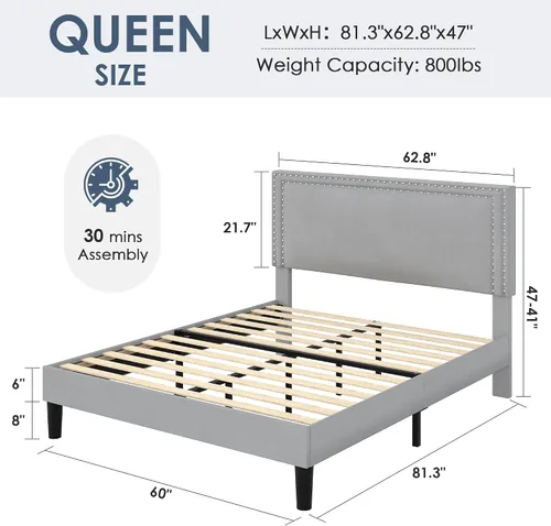 Vista 119 de VECELO Base de cama de plataforma de tamaño individual con cabecera tapizada de altura ajustable, base de colchón moderna, soporte de listones