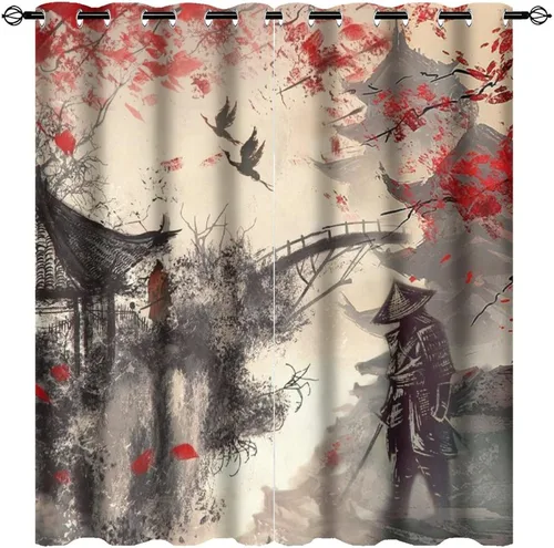 Vista 18 de Cortinas opacas abstractas japonesas samuráis para dormitorio, caballo samurái rústico, rojo, ojal, aislamiento térmico, cortinas de oscurecimiento