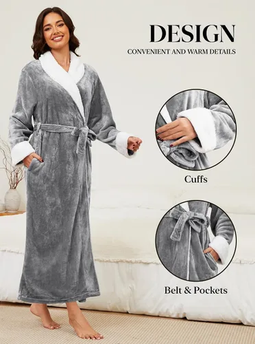 Vista 5 de Hellomamma Bata de baño larga para mujer, de felpa suave, de forro polar, camisón para mujer, pijama, ropa de dormir