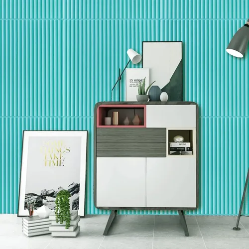 Vista 2 de Paneles de pared 3D autoadhesivos de espuma impermeable de 27.6 x 27.6 pulgadas, papel de contacto para decoración de interiores residenciales y Azul