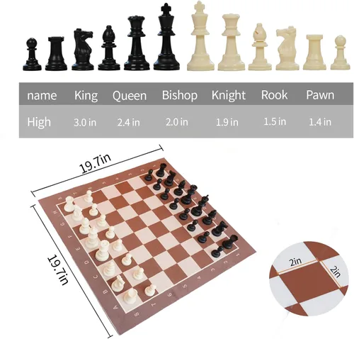 Vista 5 de Juego de ajedrez portátil marrón y blanco, alfombra de ajedrez de tela plegable de 19.7 x 19.7 pulgadas con piezas estilo Staunton de 3 pulgadas