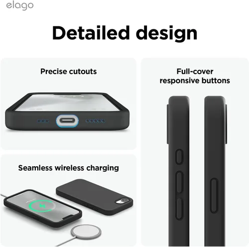 Vista 5 de elago - Funda de silicona líquida prémium para iPhone 17e y iPhone 16e, color negro Funda protectora de cuerpo completo, a prueba de golpes, forro