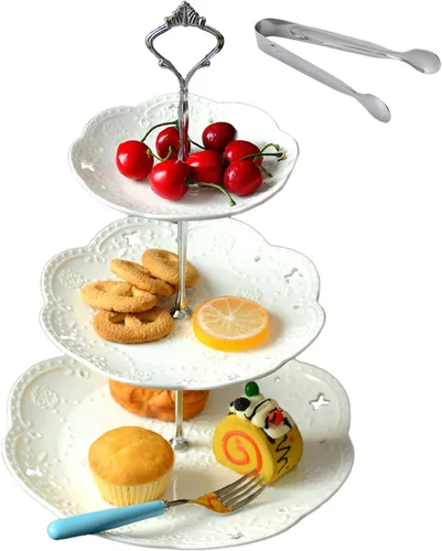 Vista 6 de Jusalpha soporte para cupcakes de 3 niveles, soporte para pasteles de porcelana blanca, soporte para postres, bandeja de servir para la hora del té