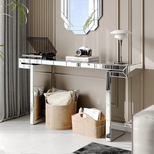 Vista 14 de Mesa Consola Negra con Espejo, Mesa de Sofá de Cristal Rectangular de 48 pulgadas con Elementos Tallados Vintage con Espejo, Muebles de Espejo