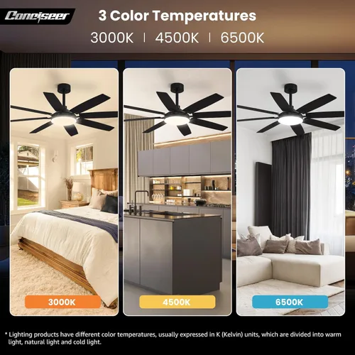 Vista 7 de Modernos ventiladores de techo de 65 pulgadas con luces y control remoto para sala de estar, hogar, oficina, interior/exterior, 3CCT LED 36W, 8