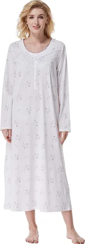 Vista 12 de Keyocean Camisones para mujer, de algodón suave, cómodo, ligero, de manga larga, vestidos de noche para mujer Azul