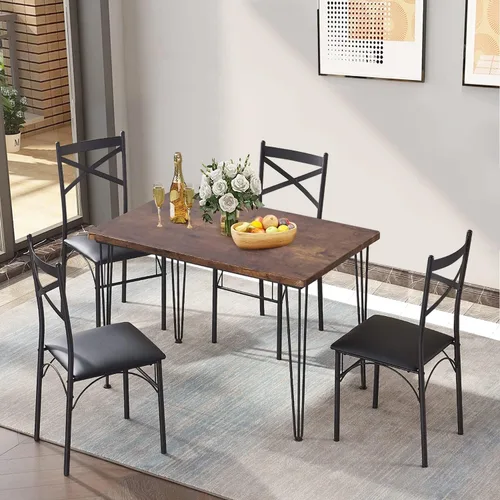 Vista 3 de VECELO Juego de mesa de comedor de cocina para comedor, rincón de desayuno, 4 sillas con marco de metal de poliuretano, rectangular, juego de 5