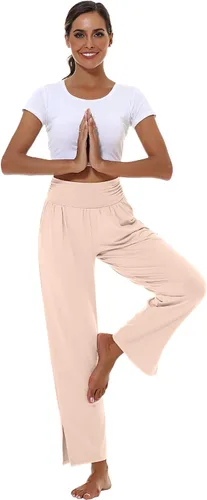 Vista 7 de 3 piezas de pantalones de yoga de pierna ancha para mujer, pantalones de descanso de cintura alta con bolsillos, pantalones deportivos de yoga
