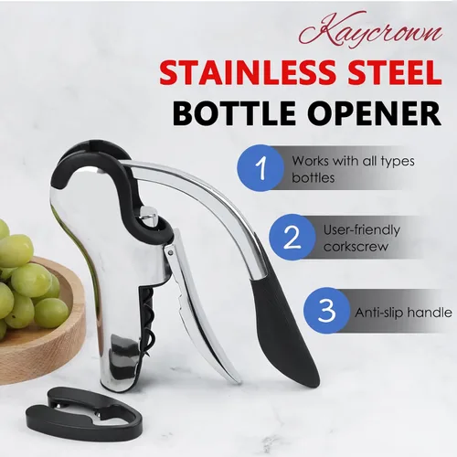 Vista 2 de KAYCROWN Abrebotellas de vino de acero inoxidable, sacacorchos de palanca vertical con diseño de cortador de lámina incorporado, sacacorchos de mano