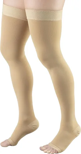 Vista 7 de Truform - Medias de compresión 30-40 mmHg para hombres y mujeres, longitud hasta el muslo, parte superior con lunares, punta abierta, color beige