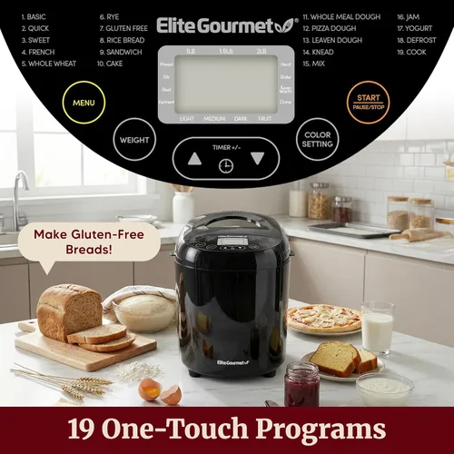 Vista 5 de Elite Gourmet - Máquina para hacer pan programable, 2 libras, 3 tamaños, 19 preajustes, color negro Cuenta con ajustes preestablecidos sin gluten