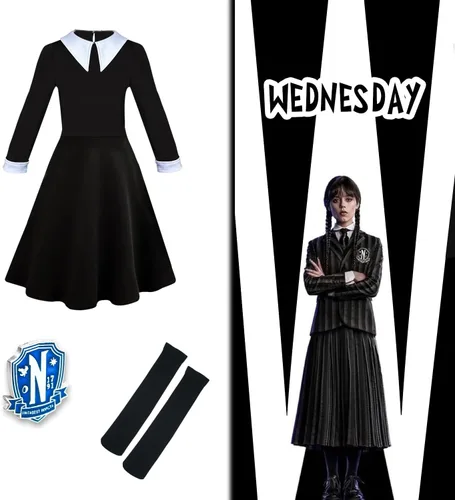 Vista 3 de Digi Halloween Wednesday Addams Costume Girls Dress,Halloween Birthday Cosplay Costumes for Kids 4-12 Years