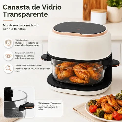 Vista 6 de Freidora de aire de 4.2 cuartos con cesta de vidrio y pantalla táctil, freidora eléctrica de aire caliente de 900 W, multifuncional, ventana
