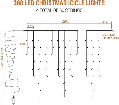 Vista 7 de Brizled Luces de carámbano que cambian de color, 29 pies, 360 luces LED de carámbano de Navidad con control remoto, 11 modos de luces de Navidad