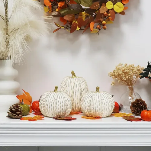 Vista 7 de 3 piezas de calabazas de resina de Acción de Gracias, figuras de calabaza de otoño blancas y doradas, calabazas grandes de resina para el hogar