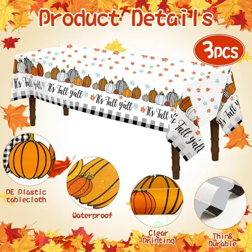 Vista 2 de Buryeah 3 manteles de plástico desechables de Acción de Gracias y otoño, mantel de arce a cuadros de calabaza, 51 x 86.6 pulgadas, rectangular