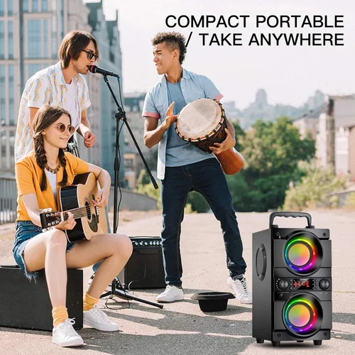 Vista 8 de Altavoz Bluetooth portátil de 60 W (pico de 80 W) con doble subwoofer de graves pesados, Bluetooth 5.0 inalámbrico de 100 pies para exteriores