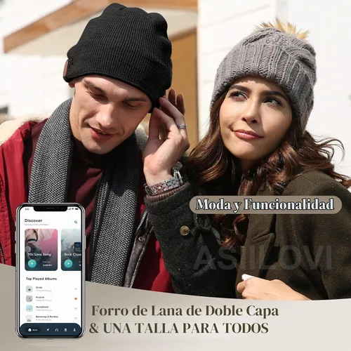 Vista 2 de gorro con Bluetooth 5.0, inalámbrico, de punto, gorro de invierno con micrófono incorporado desmontable, con altavoces estéreo HD, para exteriores