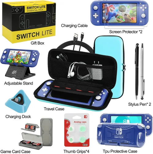 Vista 2 de Switch Lite - Kit de accesorios con funda de transporte de TPU con protector de pantalla, base de carga, soporte de juego, funda para tarjetas