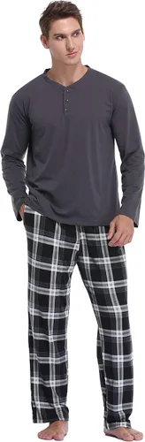 Vista 6 de Vlazom Men's Long Sleeve Pajama Sets Pjs Sets Solid Tee and Plaid Pant Set S-XXL