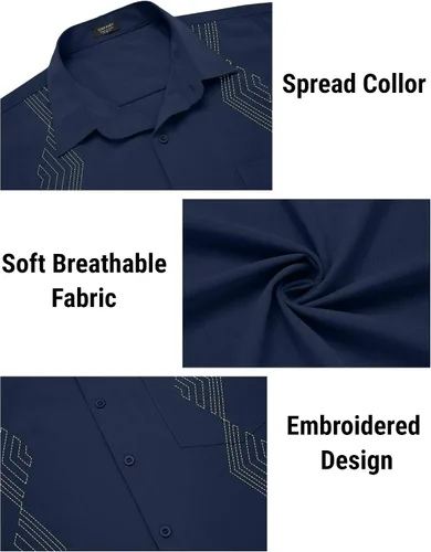 Vista 5 de COOFANDY Men's Cuban Guayabera Shirts Short Sleeve Linen Tops Beach Button Down Shirt with Pockets