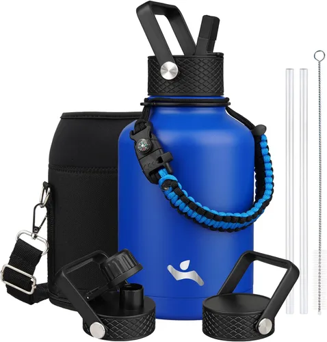 Vista 113 de Konokyo - Botella de agua aislada de 18 onzas, botellas deportivas de acero inoxidable con 3 tapas, verde militar
