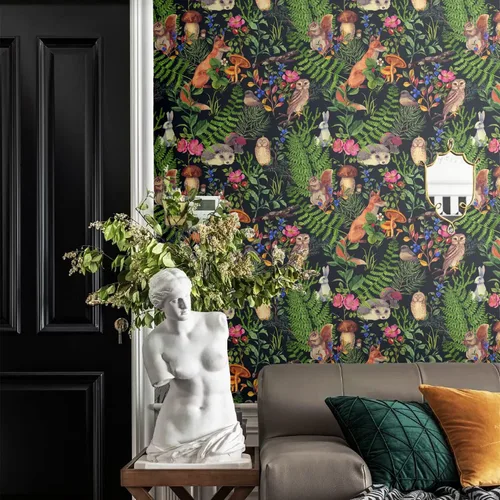Vista 3 de Blooming Wall Papel tapiz autoadhesivo con diseño de animales lindos en bosque verde Fondo oscuro