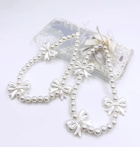 Vista 2 de Correa de muñeca con cordón para teléfono celular, con cuentas con lazo y perlas hechas a mano, llavero de cadena para mujeres y niñas