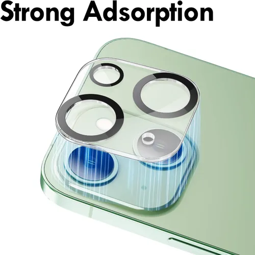 Vista 5 de Protector de lente de cámara compatible con iPhone 15 y 15 Plus, cubierta de cámara de vidrio templado de dureza 9H, Ultra HD, antiarañazos, fácil