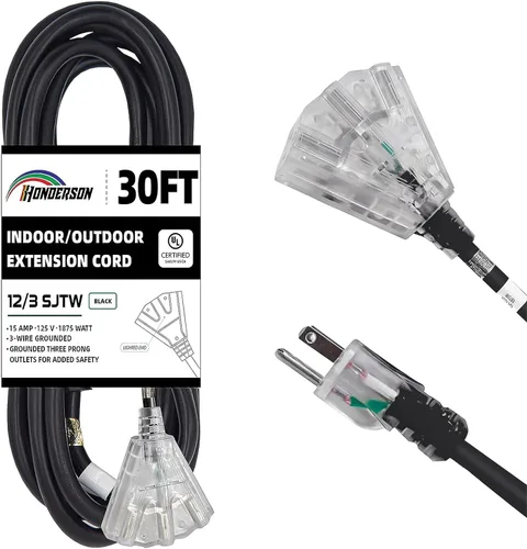 Vista 24 de Cable de extensión GFCI iluminado de 3 pies con 3 tomas de corriente, cable de extensión negro resistente SJTW 12/3 con enchufe a tierra de 3